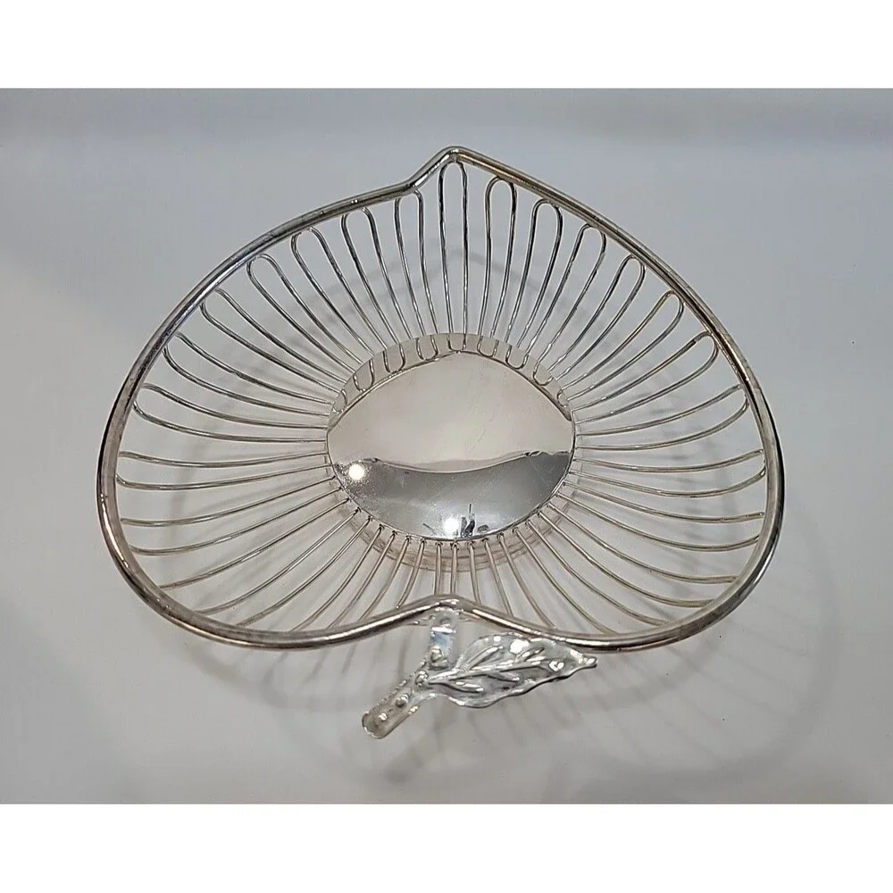 Vintage Silverplate Heart-Shaped Fruit Basket with Leaf Accent